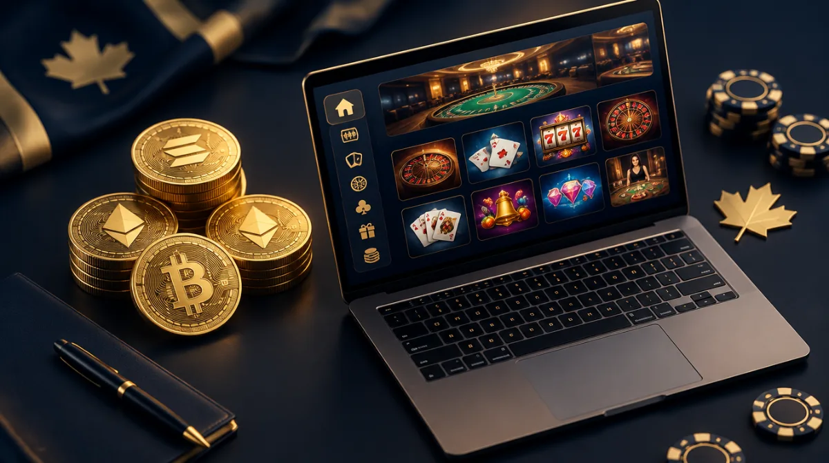 Gold crypto-style coins beside a laptop showing a casino game lobby