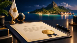 A licence document with a golden seal on a desk, a tropical island in soft focus behind