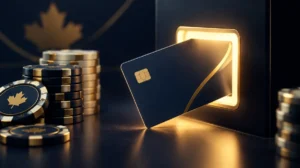 A debit card sliding into a glowing slot of light beside chip stacks