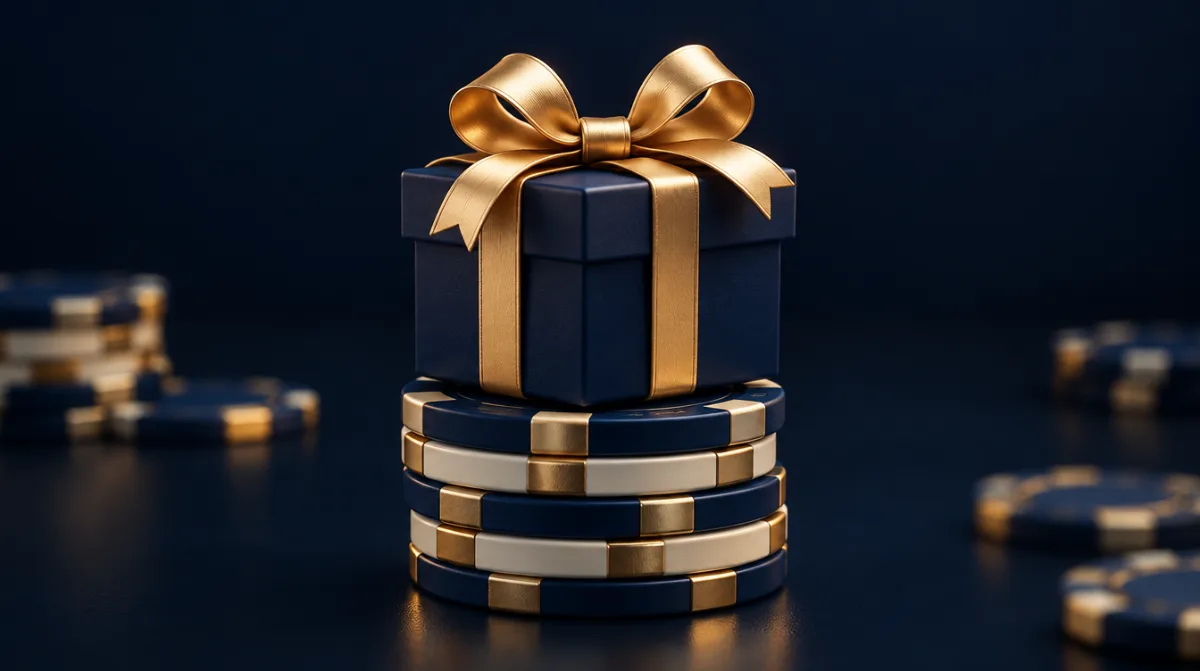 A gift box sitting on top of a modest stack of chips