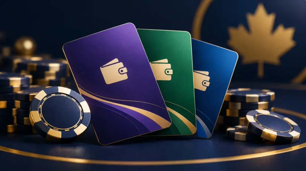 Three e-wallet cards in violet, green and blue fanned out next to casino chips