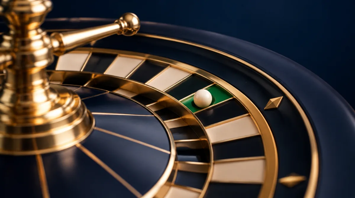 Close-up of a single-zero roulette wheel with the ball in a pocket