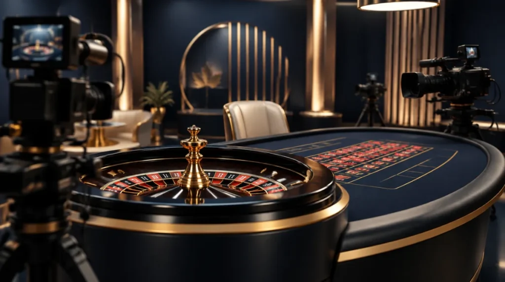 A modern live dealer studio with a roulette table and multiple camera rigs