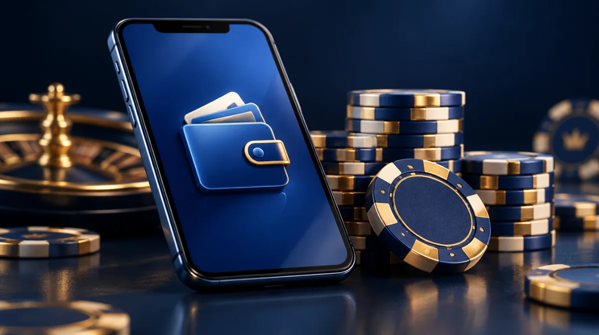 A blue e-wallet phone screen beside casino chips