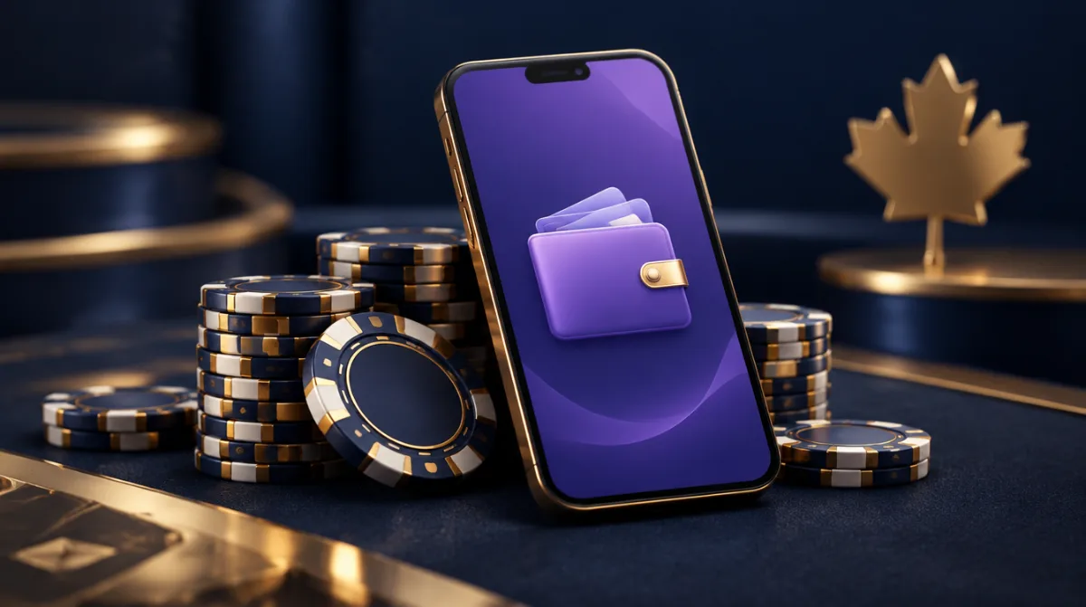 A smartphone with a violet e-wallet screen and casino chips