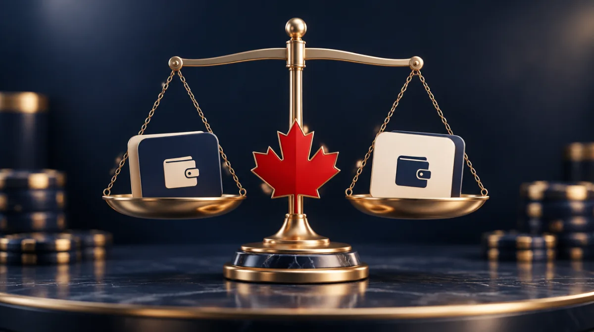 A balance scale with two e-wallet cards and a red maple leaf