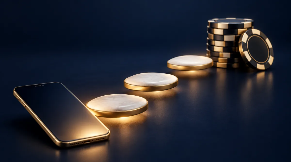 Three glowing stepping stones leading from a phone to a stack of chips
