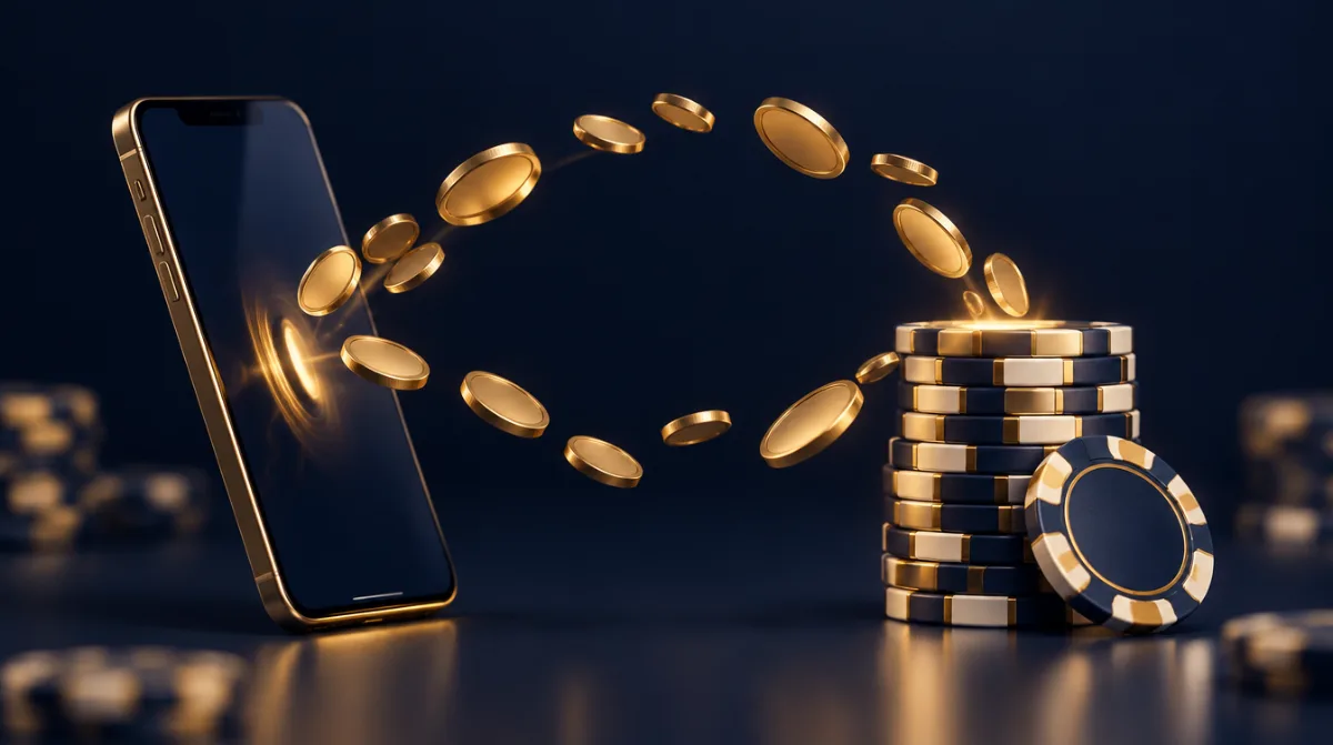 Coins flowing both ways between a phone and a stack of chips