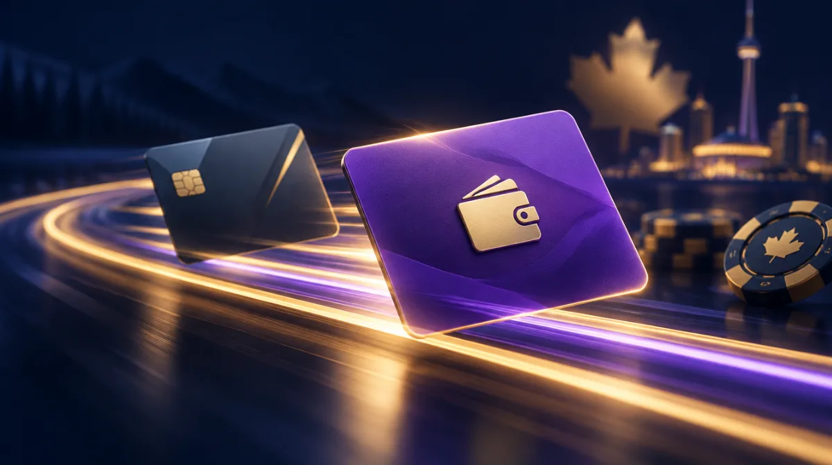 A violet e-wallet card racing ahead of a bank card along light trails