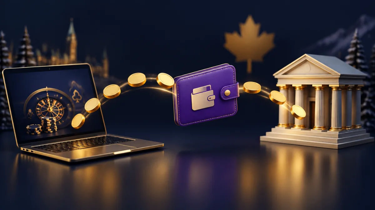 Coins travelling from a laptop to a violet e-wallet card and on to a bank
