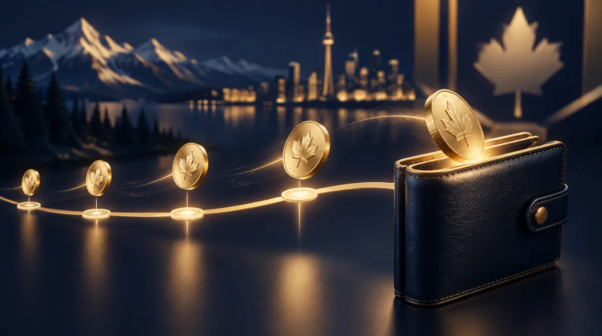 Gold coins travelling along a glowing timeline into a wallet