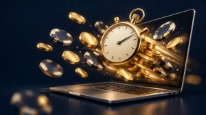 A stopwatch and gold coins rushing out of a laptop screen
