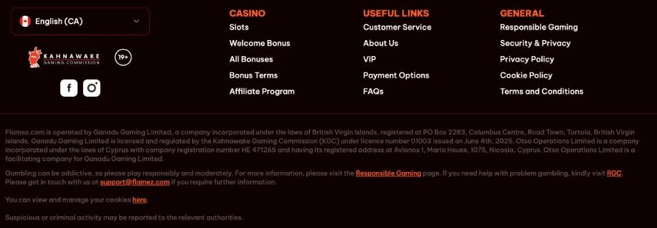 Screenshot of the Flamez Canada footer showing the Kahnawake Gaming Commission and 19+ badges and the statement that Ganadu Gaming Limited is licensed by the KGC under licence number 01003