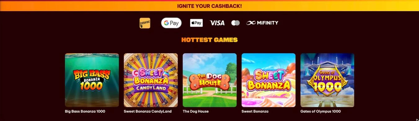 Screenshot of the Flamez Canada lobby showing Interac, Google Pay, Apple Pay, Visa, Mastercard and MiFinity logos above the Hottest Games row