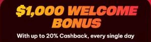 Screenshot of the Flamez Canada welcome offer: $1,000 welcome bonus with up to 20% cashback every day
