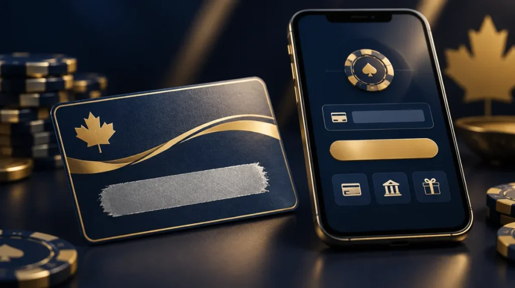 A prepaid voucher card with a scratch-off strip next to a phone showing a casino deposit screen