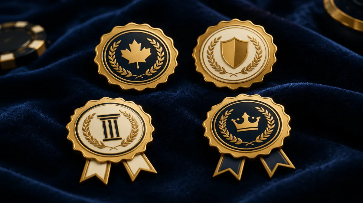 Four golden licence seals arranged on a dark velvet surface