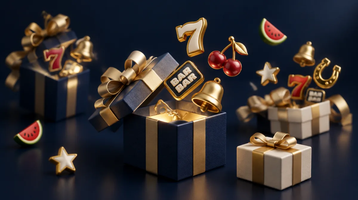 Several small gift boxes with slot reel symbols spilling out of them