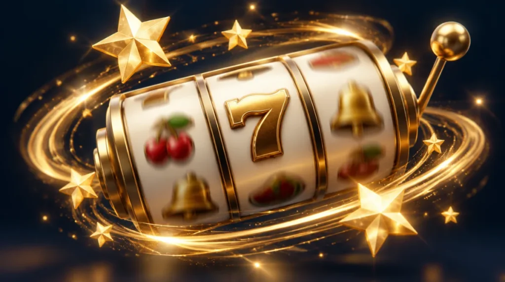A slot reel spinning in a golden swirl of motion with sparkling free-spin stars