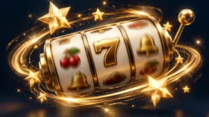 A slot reel spinning in a golden swirl of motion with sparkling free-spin stars