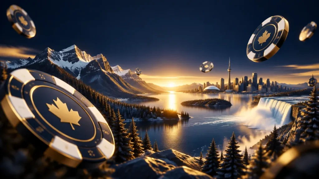 A glowing horizon over a stylised Canadian landscape with floating casino chips