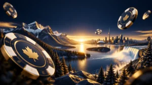 A glowing horizon over a stylised Canadian landscape with floating casino chips