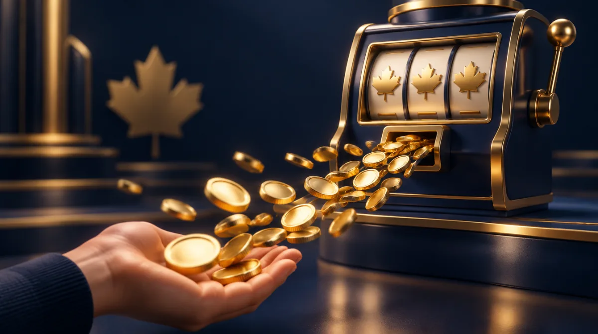 A slot machine with a golden coin stream flowing back to the player