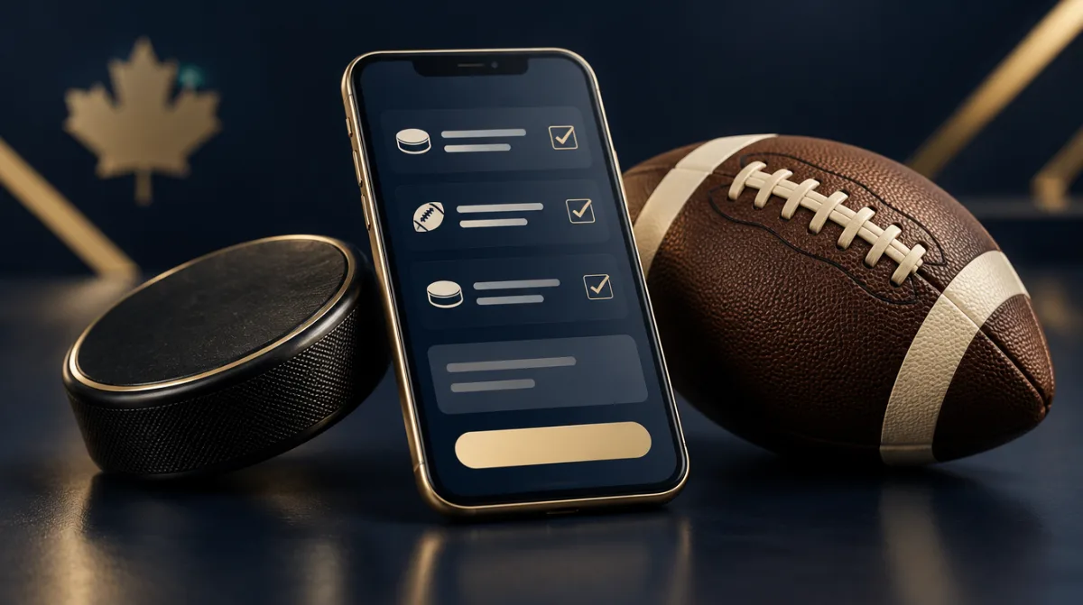 A hockey puck and a Canadian football beside a phone betting slip