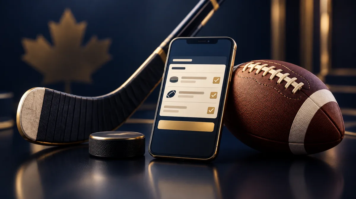 A hockey stick and a Canadian football beside a betting slip on a phone