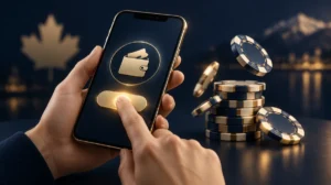 A hand-held smartphone tapping a glowing deposit button, chips appearing beside it