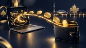 Gold coins travelling from a laptop screen into an open wallet along a glowing path