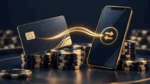 A bank card and a smartphone joined by a glowing transfer line over chip stacks