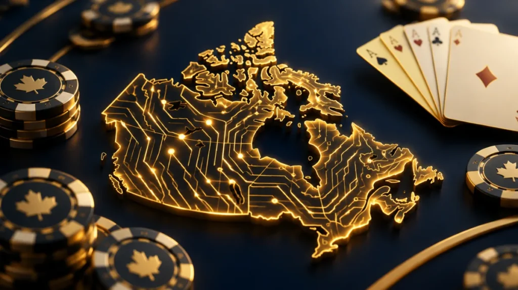 A stylised map of Canada made of glowing gold circuit lines with casino chips and cards around it