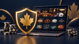 A golden shield with a maple leaf over a laptop showing a casino lobby, symbolising a regulated market