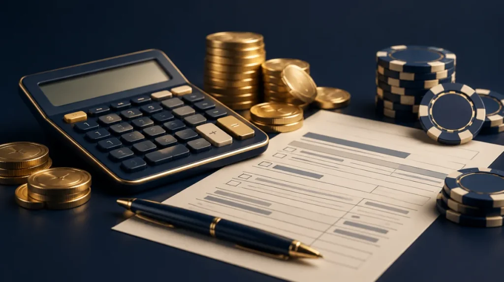 A calculator, coins and a tax-form-style document beside casino chips