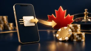 A smartphone sending an e-transfer arrow, with a red maple leaf and gold chips