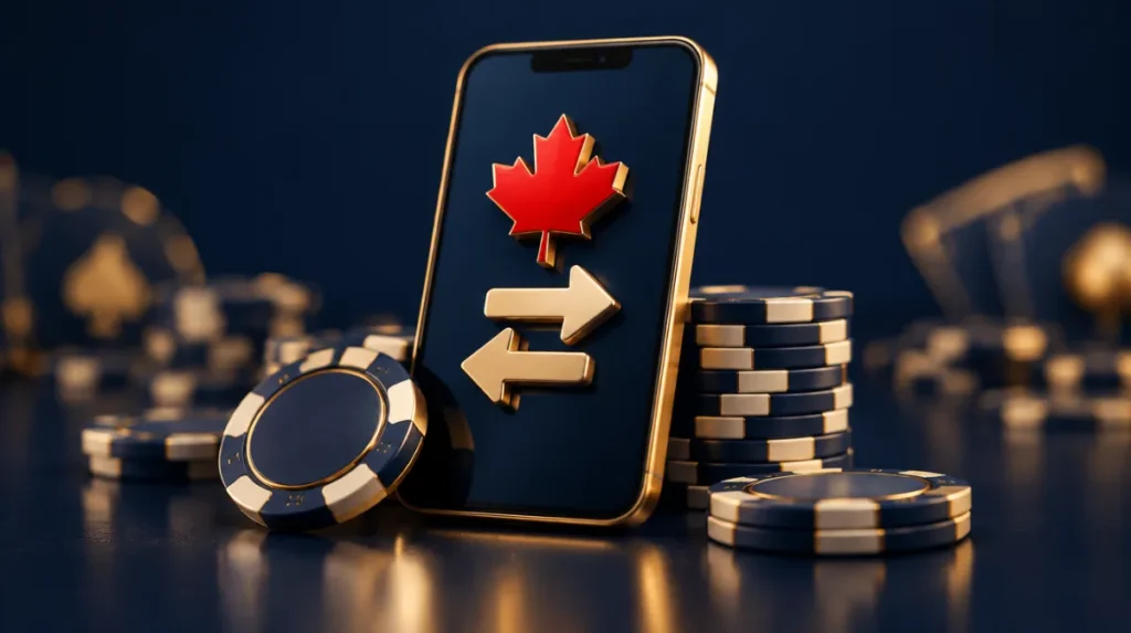 A smartphone with two-way transfer arrows and a red maple leaf above casino chips
