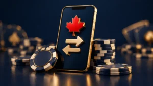 A smartphone with two-way transfer arrows and a red maple leaf above casino chips