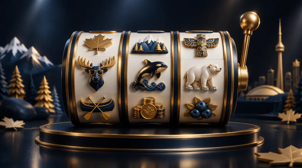 Slot reels with quirky inventive symbols on a dark stage