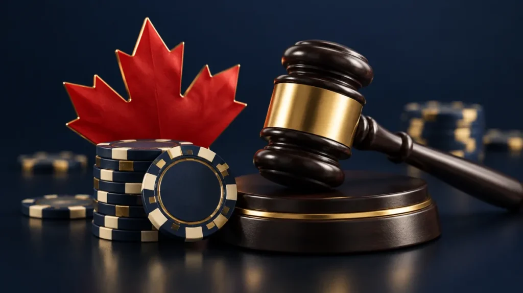 A judge's gavel resting beside casino chips and a red maple leaf