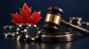 A judge's gavel resting beside casino chips and a red maple leaf