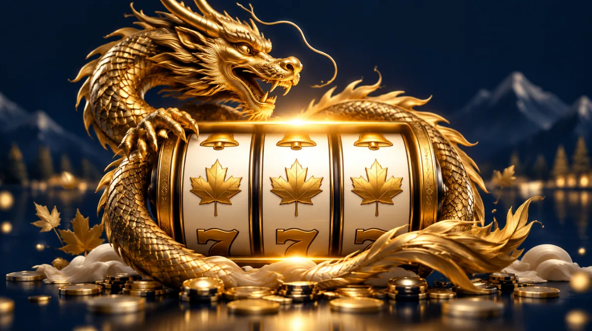 Slot reels framed by a golden dragon and a jackpot glow