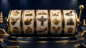 A row of inventive slot reels with quirky symbols on a dark stage
