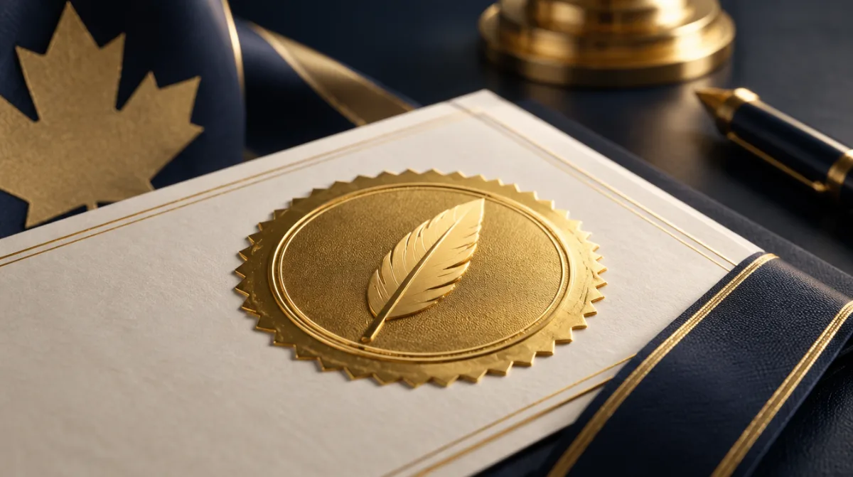 A golden licence seal with a feather emblem on official papers
