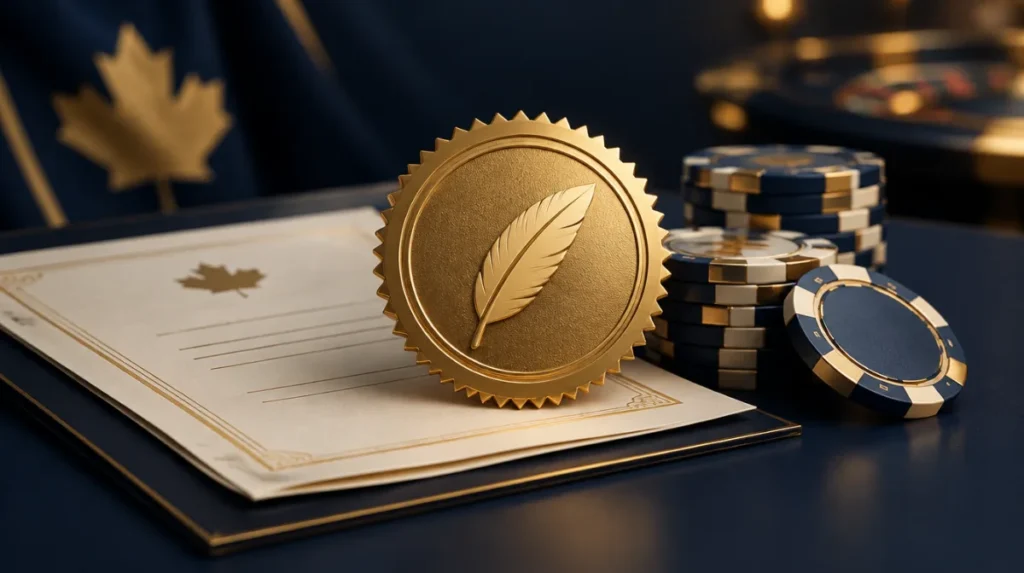 A golden licence seal with a feather emblem resting on official papers beside casino chips