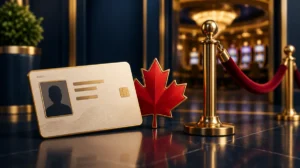 An identity card and a red maple leaf next to a velvet rope at a casino entrance
