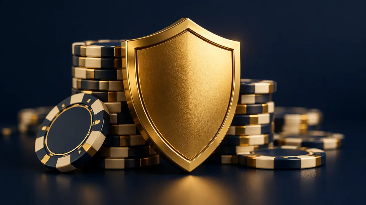 A golden shield standing in front of a stack of casino chips