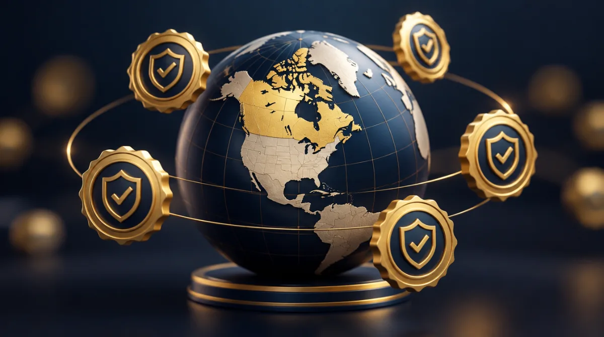 A globe surrounded by several golden licence seals