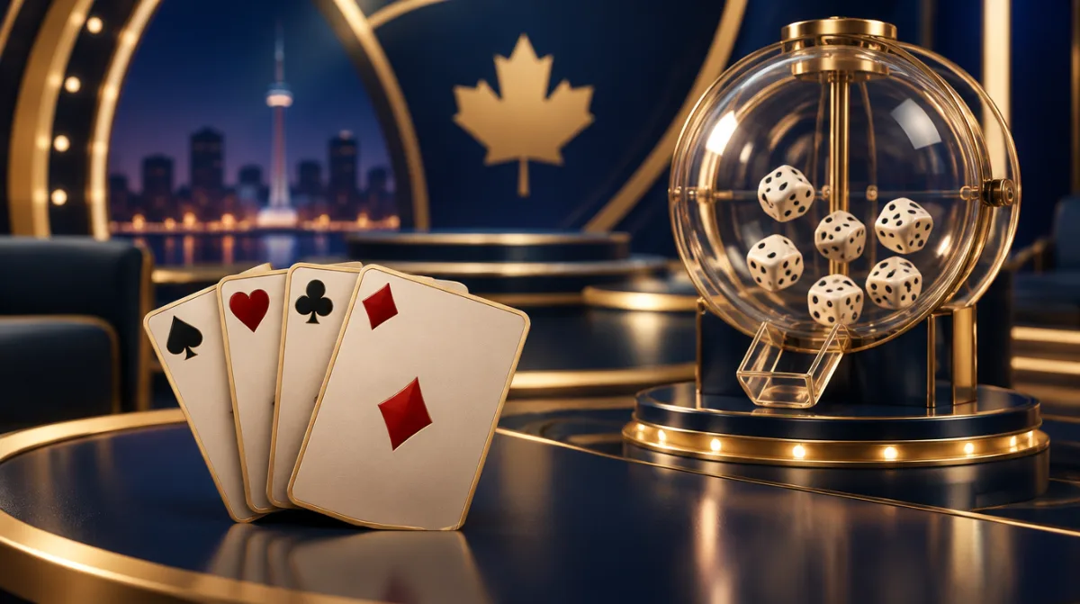 Playing cards and a dice machine on a TV game set
