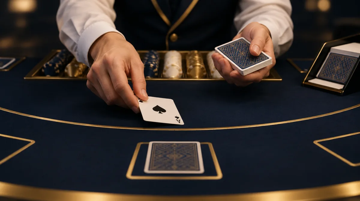 A live dealer's hands dealing cards at a blackjack table